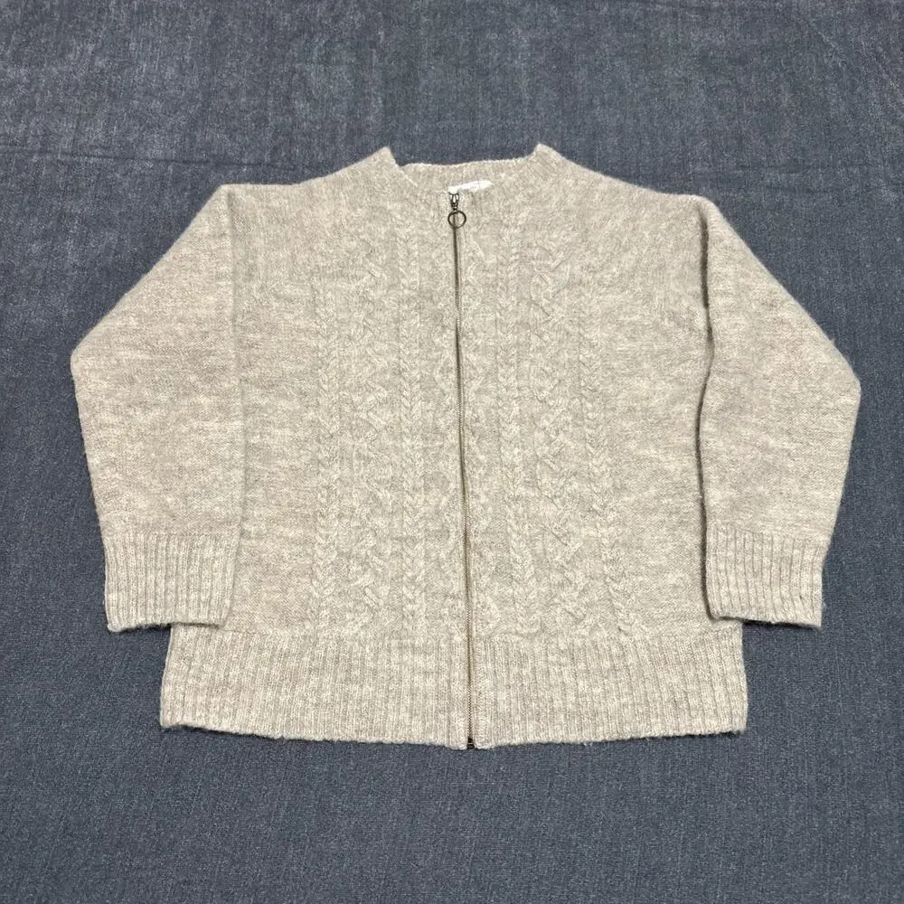 Celtic Co Cardigan Womens Small Grey Beige Full Zip 100% Wool Cable Knit Sweater